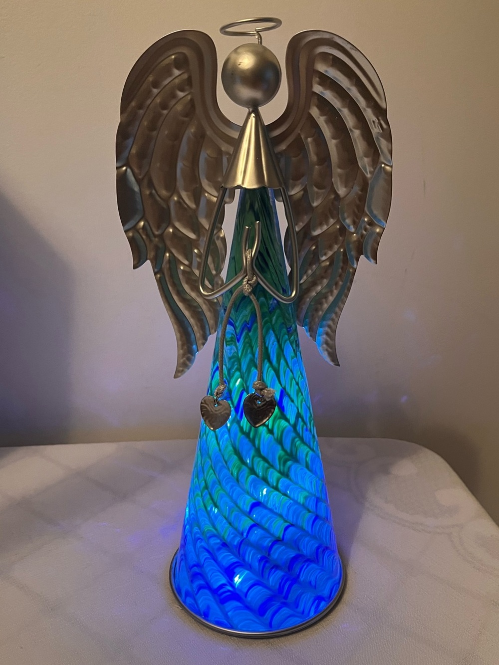 Murano-Style Blue Swirl Glass Angel with Metal Wings and LED Lights